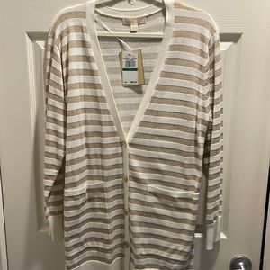 Michael kors women long sleeve deep V neck cardigan sweater NWT SZ OX Cream gold